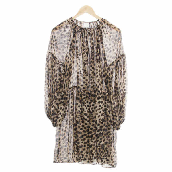 h&m 브라운 레오파드패턴 퍼프슬리브시스루롱블라우스