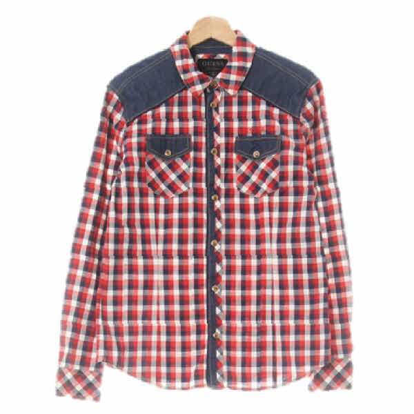Guess 칠리페퍼레드스파크데님블루 체크 면 플랩포켓배색셔츠
