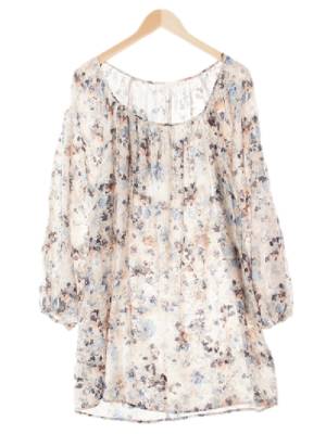 h&m 베이지네이비 추상패턴 핀턱보트넥루즈핏롱블라우스