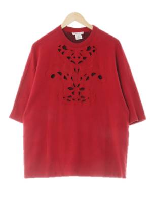 carven 레드 자수패턴 면혼방 플라워홀자수반팔티