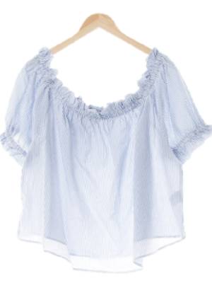h&m 라이트블루 스트라이프 면 셔링퍼프오프숄더반팔블라우스