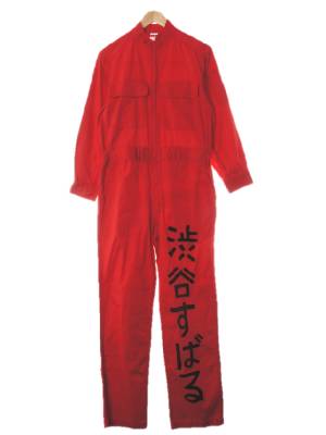 레드 면 하프지퍼일본어레터링점프수트