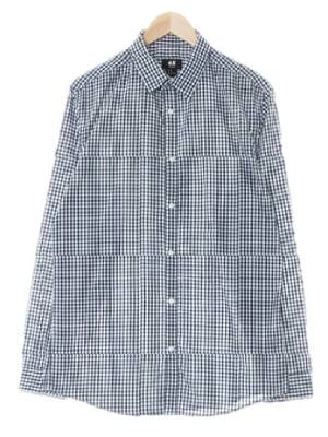 h&m 네이비화이트 체크 면혼방 슬림핏긴팔셔츠