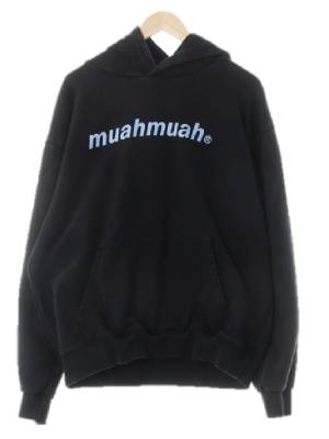 muahmuah 블랙 프린팅 면 센터로고후드티