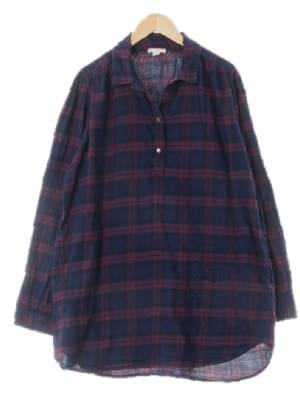 gap 딥블루베리블루자주 체크 면 어깨셔링하프버튼롱셔츠