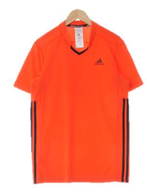 아디다스 형광주황 프린팅 삼선브이넥스포츠반팔티