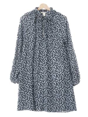h&m 블루블랙 잔꽃패턴 슬릿셔링넥원피스