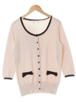 h&m 망가노칼싸이트핑크 면혼방 배색리본물결넥8부가디건