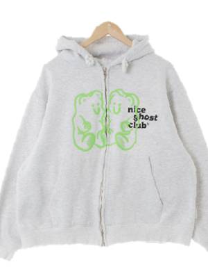 niceghostclub 라이트멜란지그레이 프린팅 면혼방 듀얼젤리곰루즈스웨트후드집업
