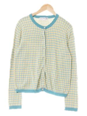 유니클로 다크에메랄드옐로우 체크 면 라운드넥숏가디건