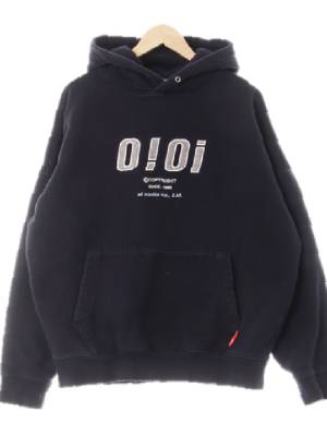 oioi 네이비 면혼방 자수텍스트루즈스웨트후디