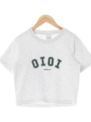 oioi 멜란지화이트 프린팅 면혼방 커브레터링크롭반팔티