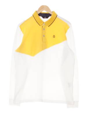 munsingwear 화이트개나리옐로우 면혼방 블럭카라긴팔티