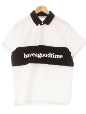 Haveagoodtime 브라이트화이트블랙 면 투톤레터링로고반팔카라티