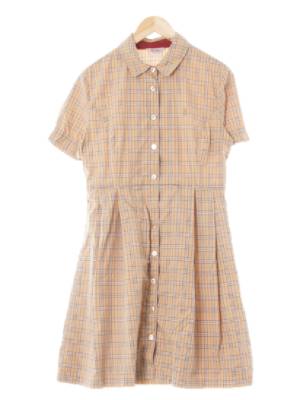 bcbg 다크베이지 체크 면혼방 주름반팔셔츠원피스