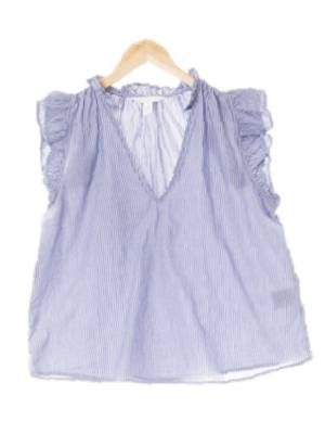 h&m 블루 스트라이프 면 러플캡소매브이넥블라우스