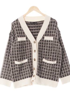 mixxo 블랙아이보리 체크 금장버튼포켓배색가디건