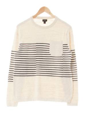 jcrew 오트밀베이지네이비 스트라이프 면 포켓라운드블록긴팔니트티