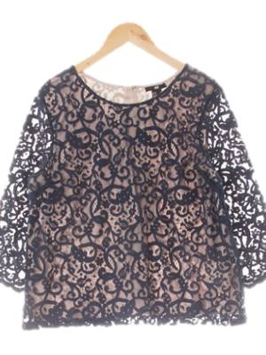 h&m 네이비베이지 면혼방 소매시스루백버튼블라우스