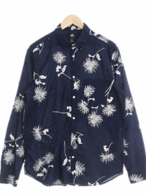 h&m 네이비 민들레패턴 면 포켓긴팔셔츠