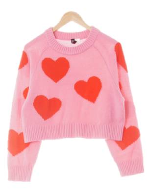 h&m 핑크레드 빅하트패턴 나그랑와이드세미크롭스웨터