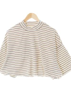 missguided 아이보리슈가브라운 스트라이프 크롭반목드롭숄더반팔티