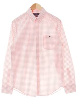 vineyardvines 핑크 체크 면 고래자수포켓긴팔셔츠