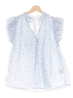 h&m 블루 잔꽃덤블패턴 면 프릴캡슬리브블라우스 