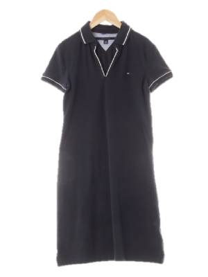타미힐피거 네이비 면혼방 파이핑슬릿카라반팔원피스