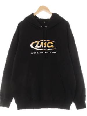 lmc 블랙 프린팅 면혼방 드롭숄더포켓후드티