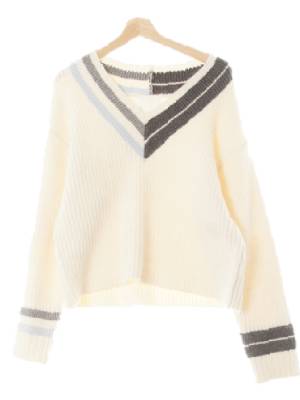 h&m 크림콰이어트그레이 배색립라인브이넥스웨터