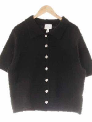 h&m 블랙 울혼방 큐빅플라워버튼반팔니트가디건
