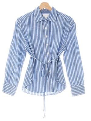h&m 워시드블루화이트 스트라이프 린넨혼방 스트링롱셔츠